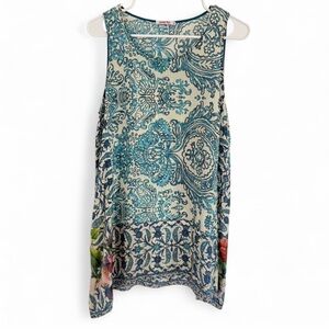 Johnny Was Horizon Sleeveless Blue Silk Floral Tunic Women Size S Tank 100% Silk